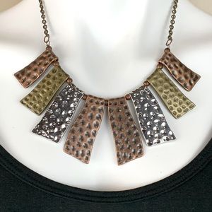 Hammered Metal Mixed Media Metals Tri Color Statement Necklace Brutalist Artsy